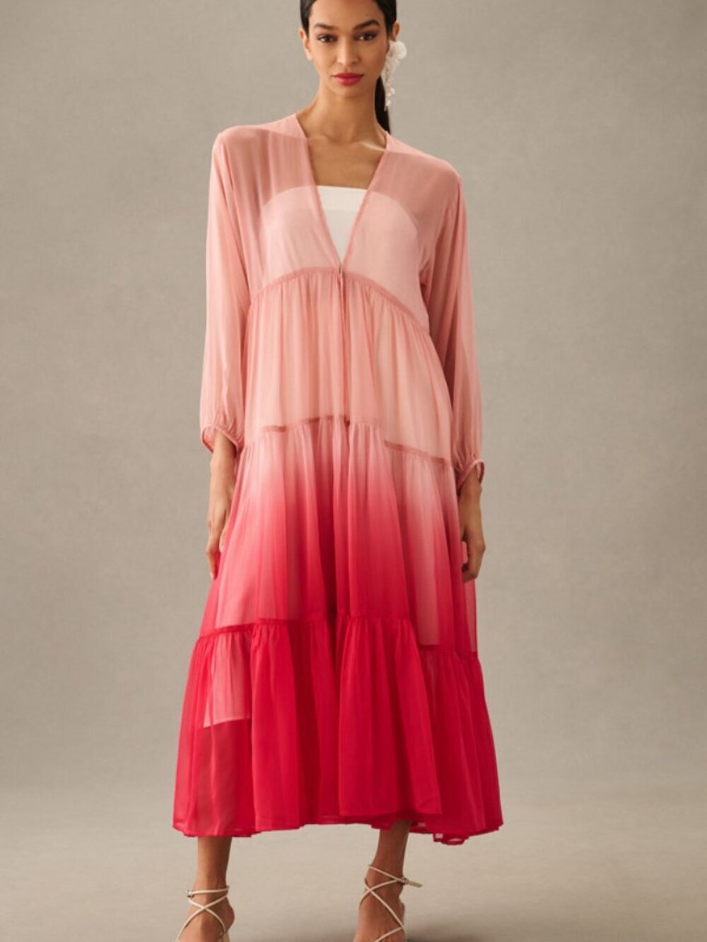 Anthropologie Pink Ombre Tiered Sheer Duster One Size swim coverup 38333